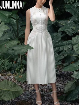 JUNLINNA-فستان نسائي بدون أكمام من الدانتيل المطرز بطيات ، عطلة الشاطئ ، الموضة ، توسعة الأميرة ، الصيف 1