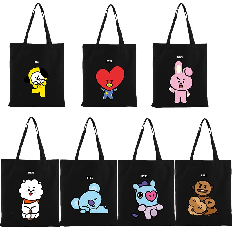 Холщовая Сумка Kawaii Bt21 с аниме ТАТА Rj Cooky Chimmy, симпатичные белые сумки для покупок через плечо, сумка для чашки с зонтиком и водой, подарок для девушки