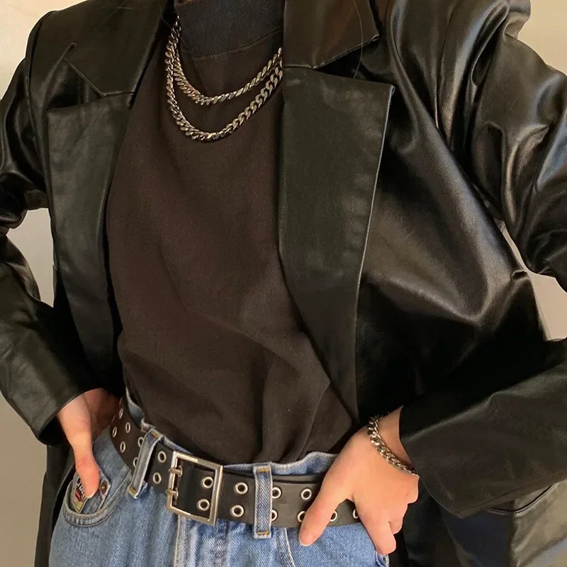 Black Pu Leather Jacket Zipper Button Pocket Coat Female Long Sleeves Casual Outerwear Women Autumn Winter Fashion y2k Jacket