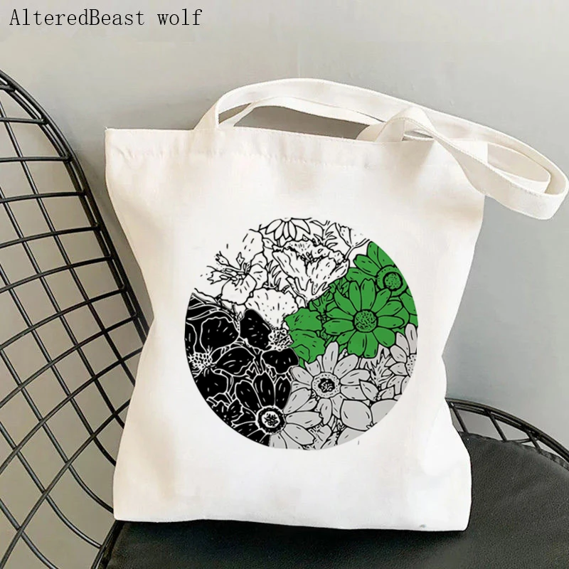 Women Shopper bag Demiromantic pride Flowers Kawaii Bag Harajuku Shopping Canvas Shopper Bag girl handbag Tote Shoulder Lady Bag