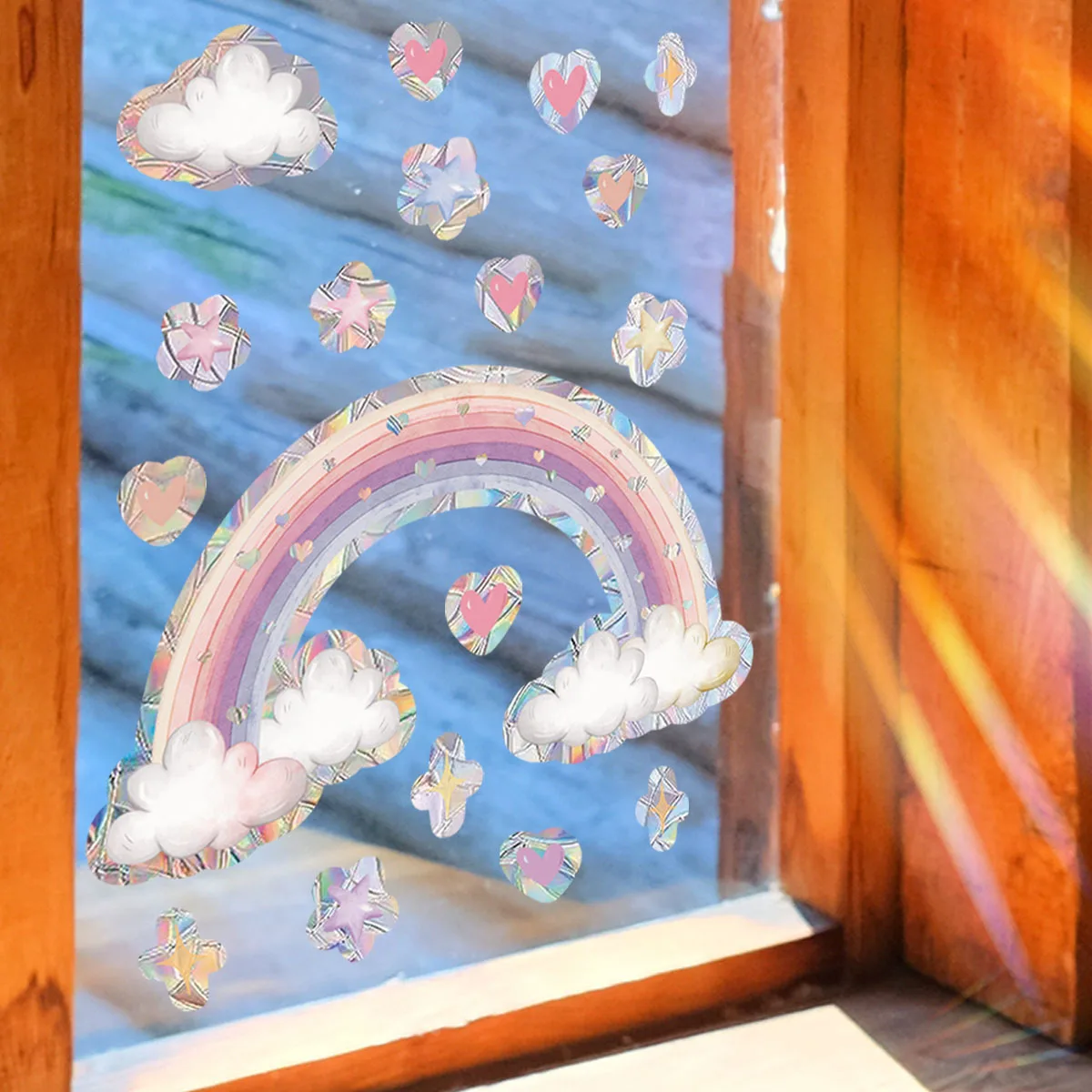 Pink Rainbow Cloud & Heart Window Cling - Sun-Activated Iridescent Static Decal with Stars, Double-Sided View Glass Films