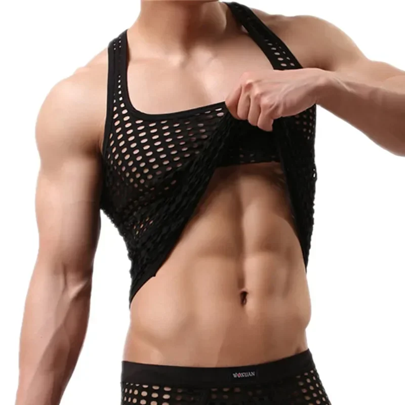 Men's Sexy Sheer Mesh Hollow Out Tank Tops Boxers Shorts Gay Male Muscle See-through Breathable Fishnet Gym Fitness Vests Trunks