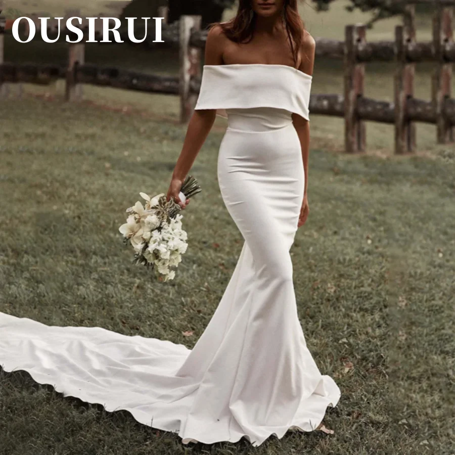 

OUSIRUI Wedding Dresses for Bride Women Mermaid Simple White Off Shoulder Boho Pleat Bridal Gowns Court Train vestidos de novia