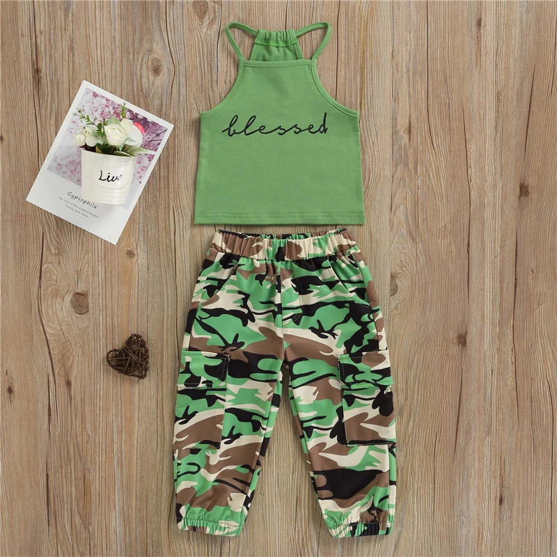 Kid Girls Long Pants Outfits Sleeveless Letter Print Sling Tank Tops+Elastic Waist Camouflage Pattern Pockets Pants Set 1-6Years