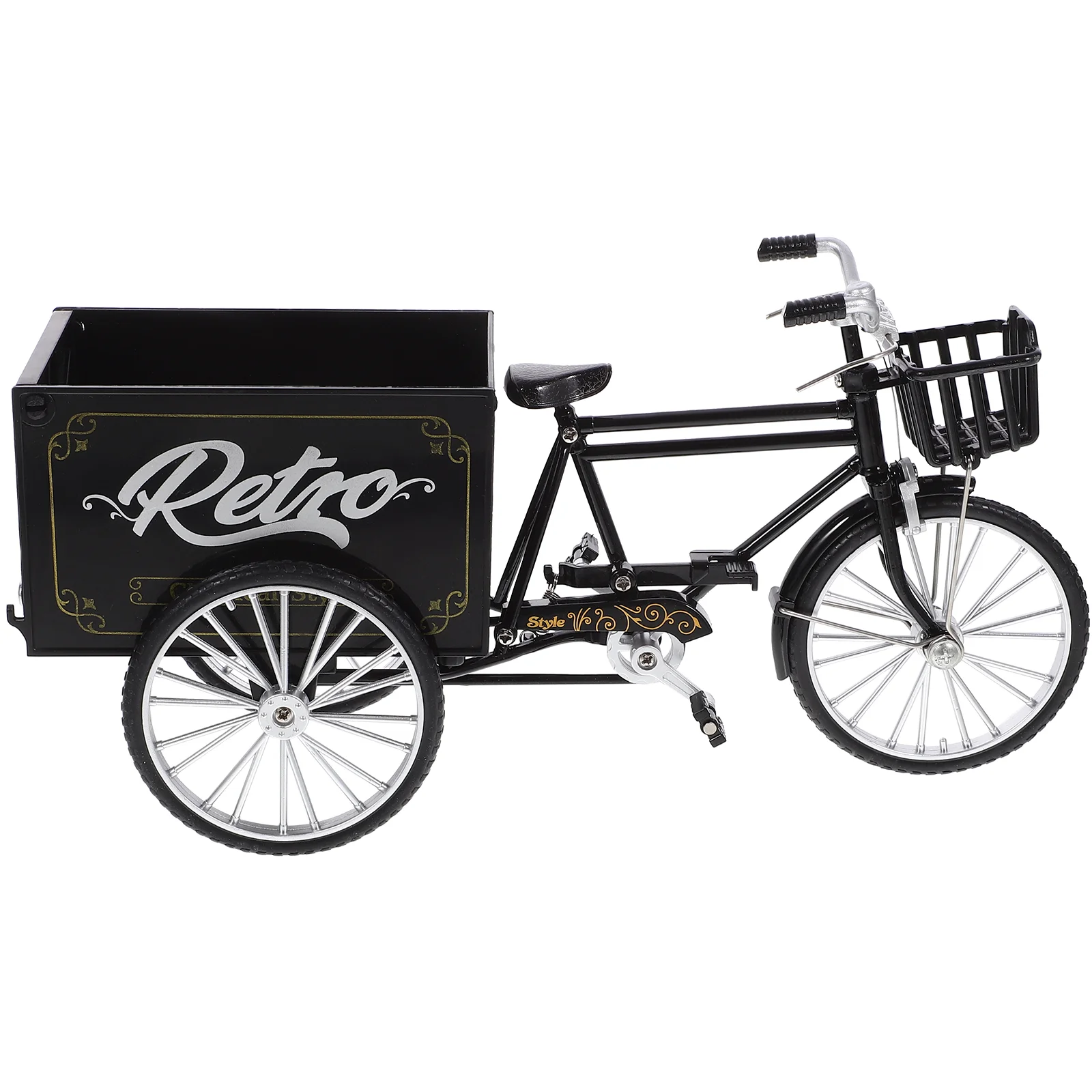 

Retro Mini Bicycles Model Miniature Tricycle Sculpture Mini Cart Wheelbarrow Toy Vintage Vehicle Ornament Dollhouse