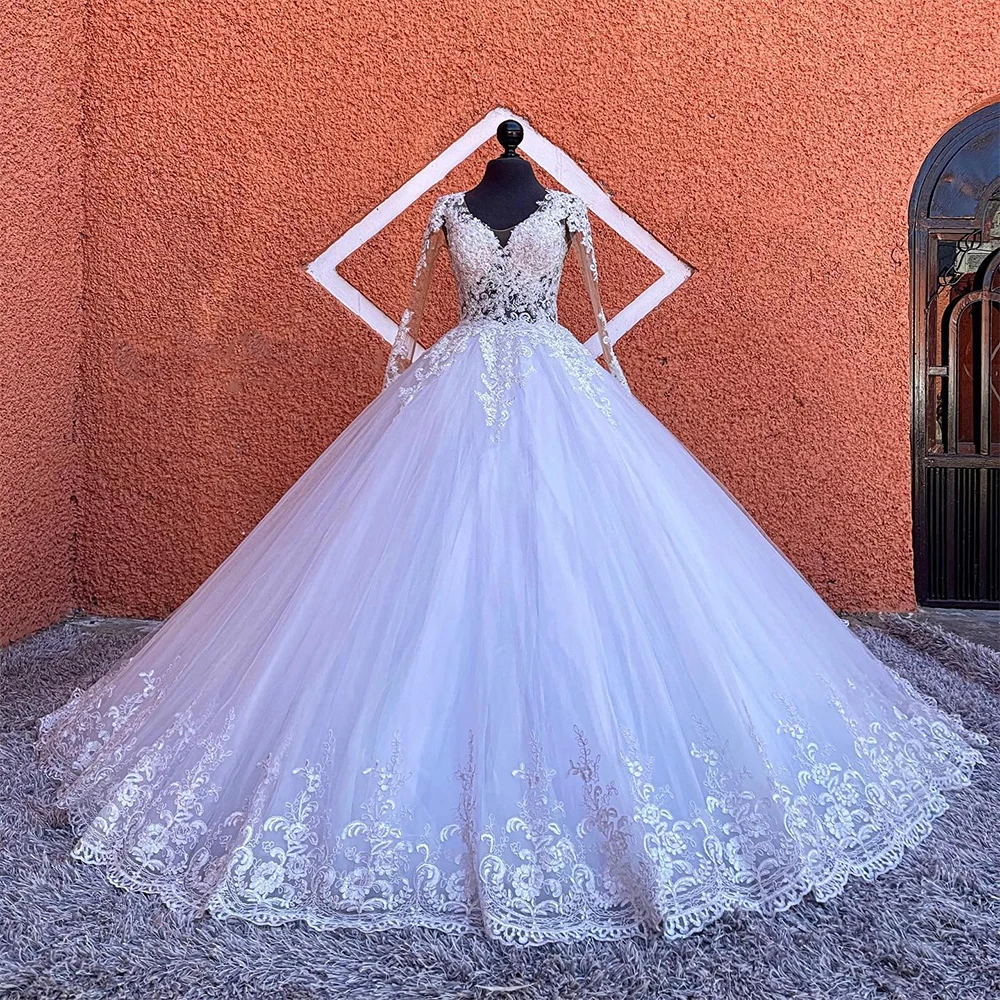 White Ball Wedding Dresses Long Sleeves V-Neck Lace Applique Backless Gowns | eBay White Ball Wedding Dresses Long Sleeves V-Neck Lace Applique Backless Gowns | eBay