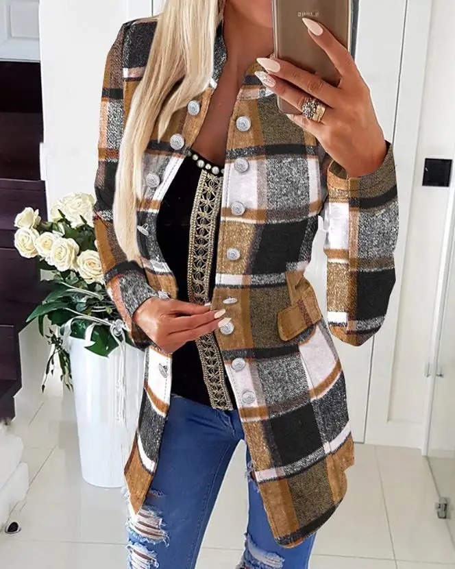 Women's Jacket 2023 Autumn Fashion Plaid Print Double Breasted Flap Detail Elegant Stand Collar Long Sleeve Work Jacket Coat