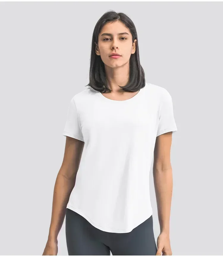 

Lemon Women Loose Yoga Short Sleeve Shirt Breathable Running Sports T-shirt Curved Hem Casual Elastic Speed Dry Fitness Clothing