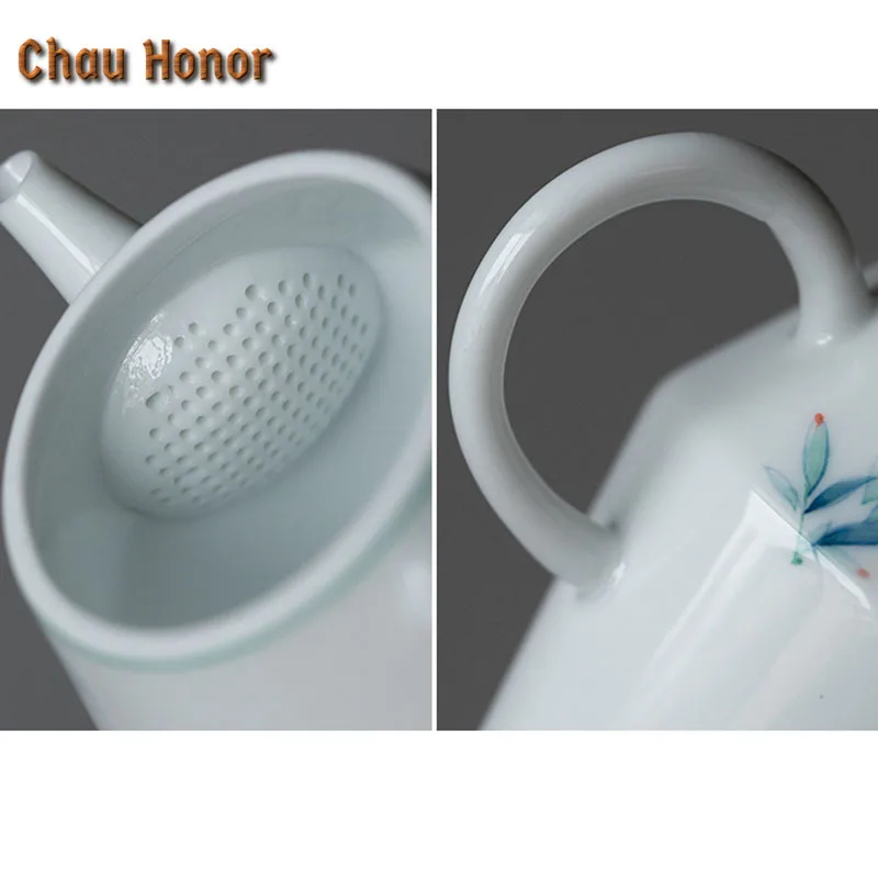 110ml Boutique Pure Hand Painted Green Bamboo Tea Pots White Porcelain Pot Tea Making Kettle With Ball Hole Filter Kungfu Teaset