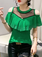 Sexy oulder Bared T irt Women's ort Sve Summer Design Sense Ruffle  Me Splicing Top Trendy Korean Sle Commute