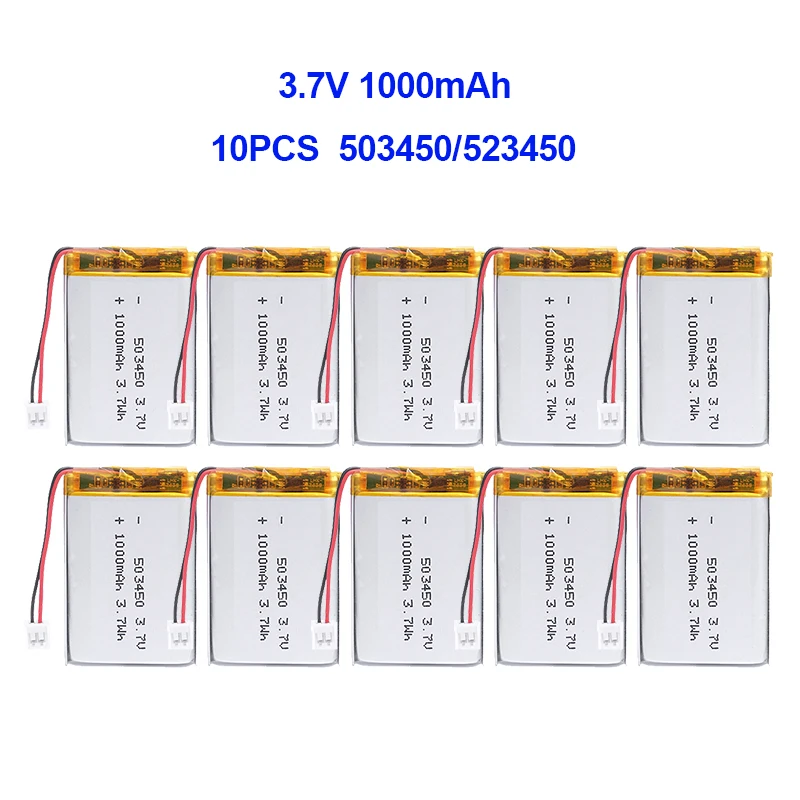 Bateria Recarregável do Lítio do Polímero Bateria do Li-íon Jst Ph2.0- 2p Gps Telefone Esperto Dvd Mp5 503450 523450 3.7v 1000mah 10 Peças