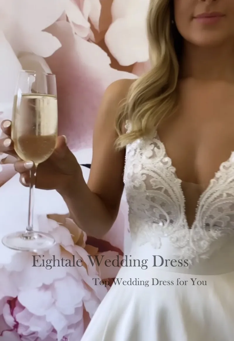Eightale New Wedding Dresses V-Neck Appliques Lace Customized A-Line Satin Princess Bridal Gown White Ivory hochzeitskleid 6