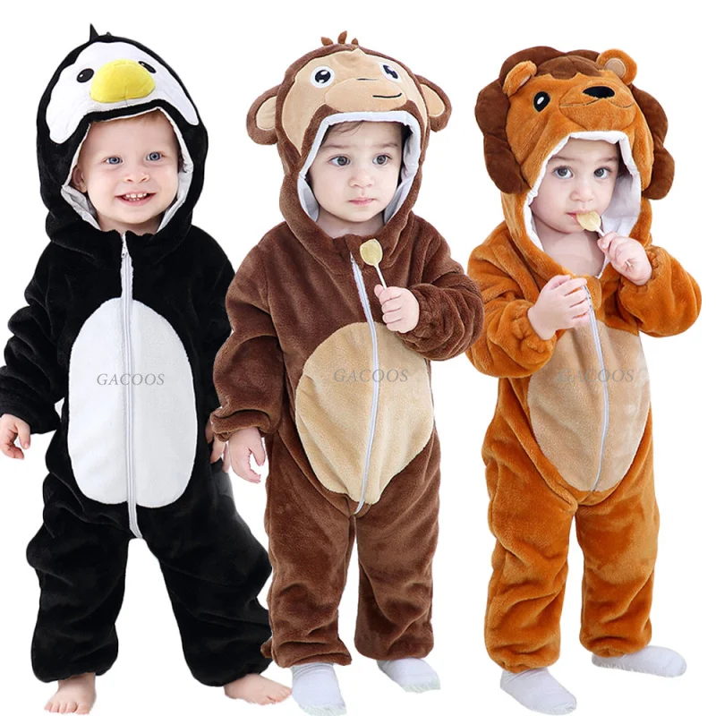 Baby Onesies Animal Romper for Newborn Winter Warm Cat Pajamas Kigurumi Tiger Costumes for Boy Girl Flannel Sleepwear Jumpsuit
