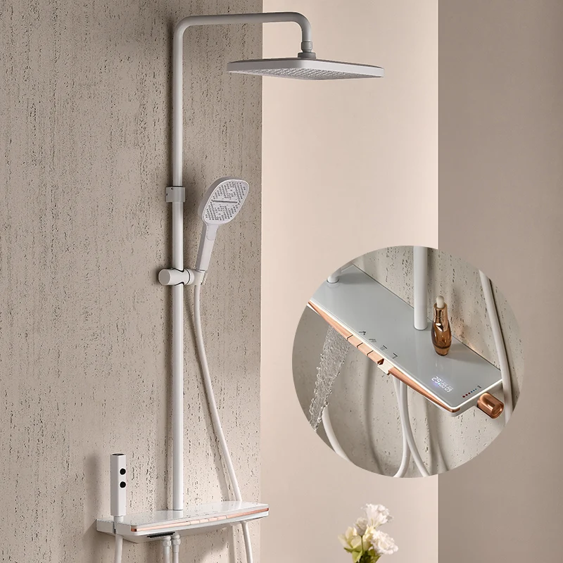 Digital Display Waterfall Shower Set Bathroom Cream Smart Shower Apartment Ambient Light Large Shelf Booster Nozzle 1