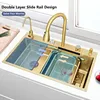 Gold 304 Stainless Steel kitchen Waterfall Sink,Vegetable Washing Basin,Large Single Slot,Middle And Lower Basin,Thickened 5
