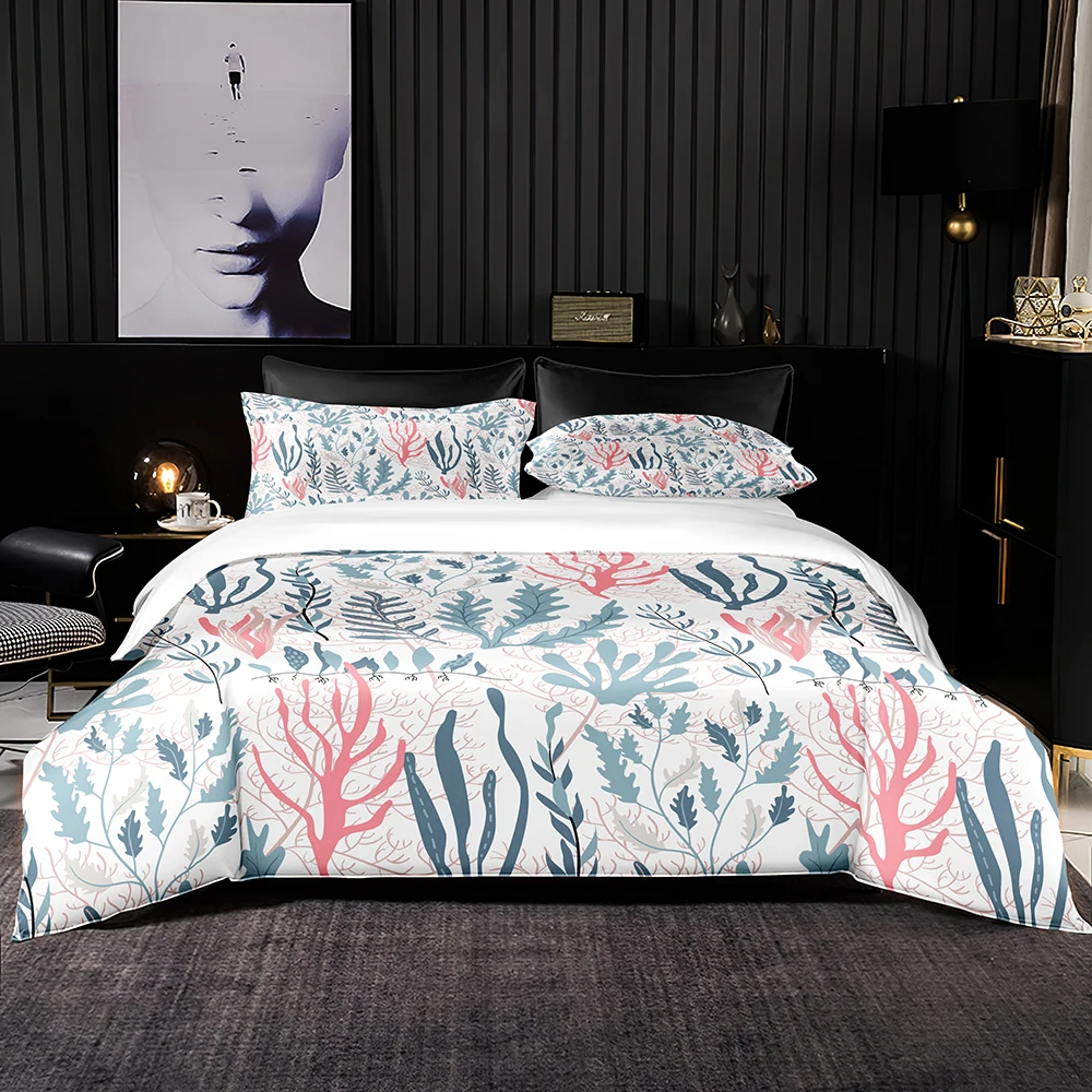 Nude Pink Coral Bedding Set Warm Blue Aquatic Plants Pattern Duvet Cover Light Brown Vines for King Queen Size Bedroom |