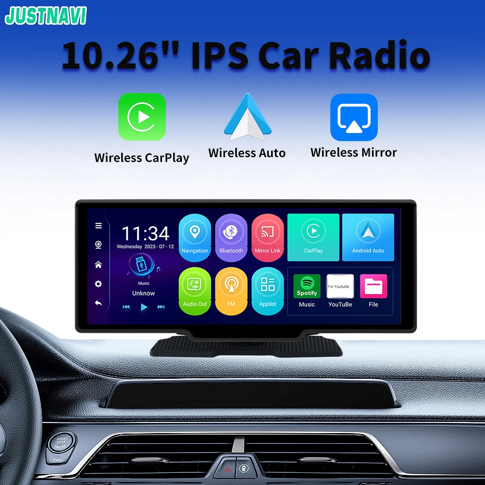 

JUSTNAVI Car Multimedia Player Wireless Carplay Android Auto Player 10.26 Inch IPS Screen WiFi Android 10 GPS Navigation