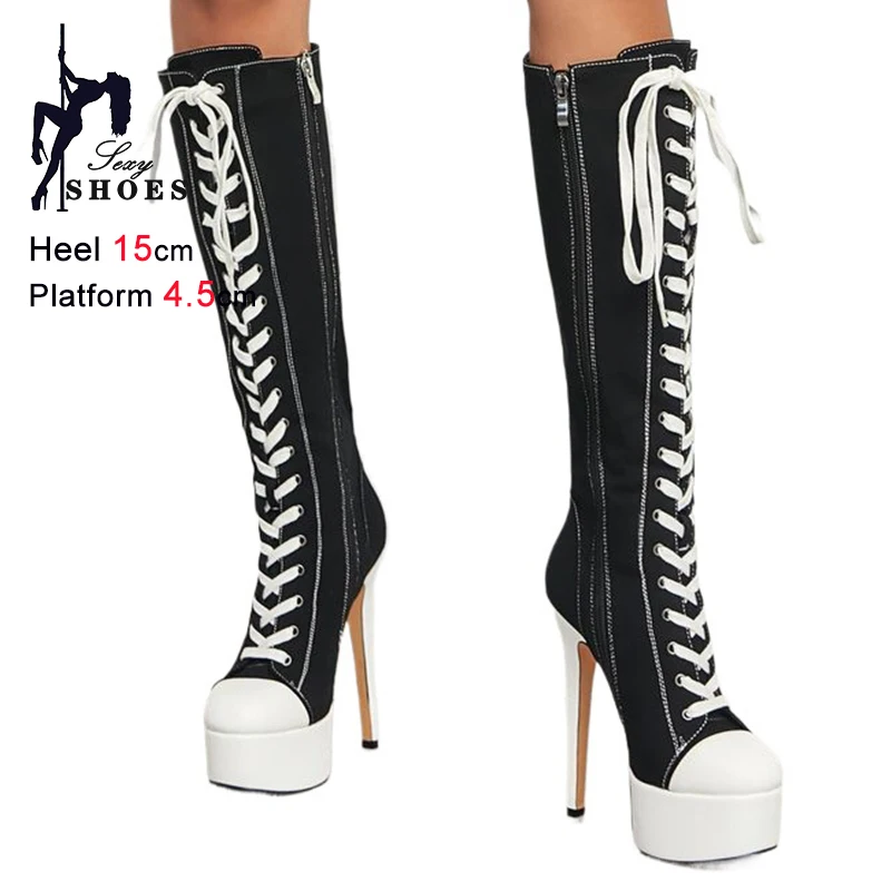Spring Autumn Fashion Black White Women's Canvas Knee High Boots Thin High Heels 15cm Platform 4.5cm Lace-Up Ladies Long Boots