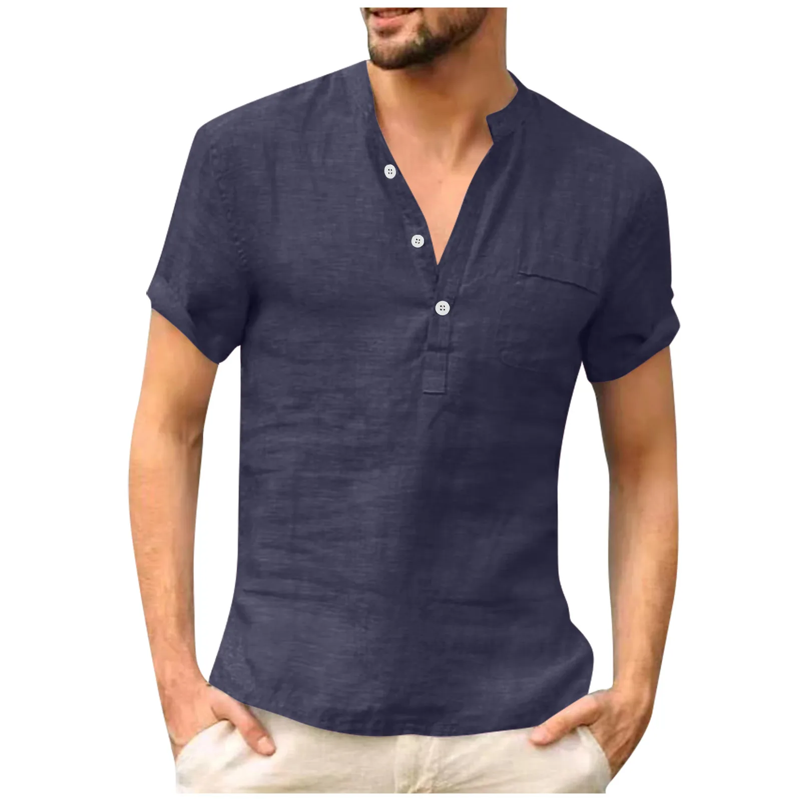 

Рубашка Мужская льняная на пуговицах, повседневная Однотонная футболка с воротником-стойкой, с коротким рукавом, деловая дышащая майка, лето