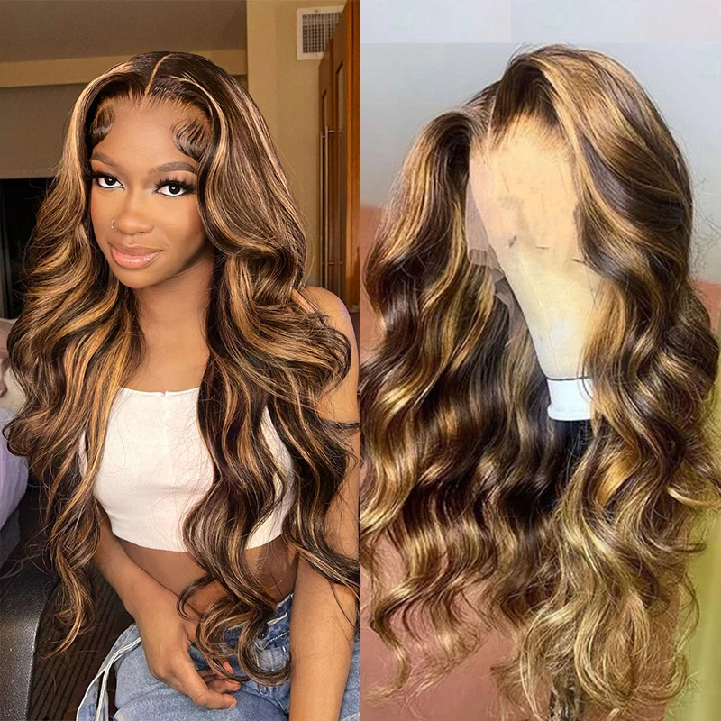 

13x4 Hd Transparent Body Wave Lace Frontal Wig Highlight Ombre Lace Wigs Human Hair Brazilian Glueless Blonde Wig Ready To Wear