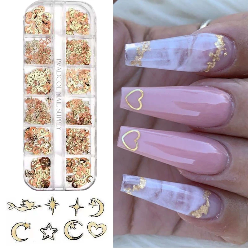 12 rejillas para decoración de uñas, lentejuelas brillantes, escamas de  corte metálico, diseño de uñas acrílicas, manicura|Diamantes de imitación y  decoraciones| - AliExpress