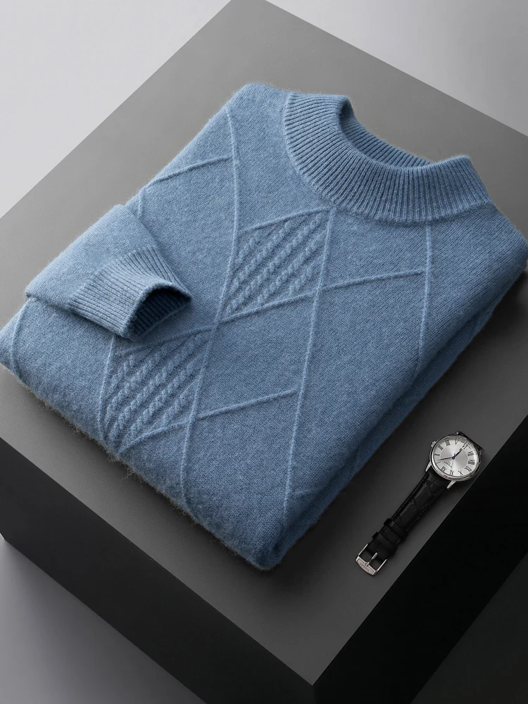 Long Sleeve 100%Pure Cashmere Men's Sweater Loose Half Turtleneck Jacquard Pullovers Autumn Winter Youth Top High-End Knit Shirt