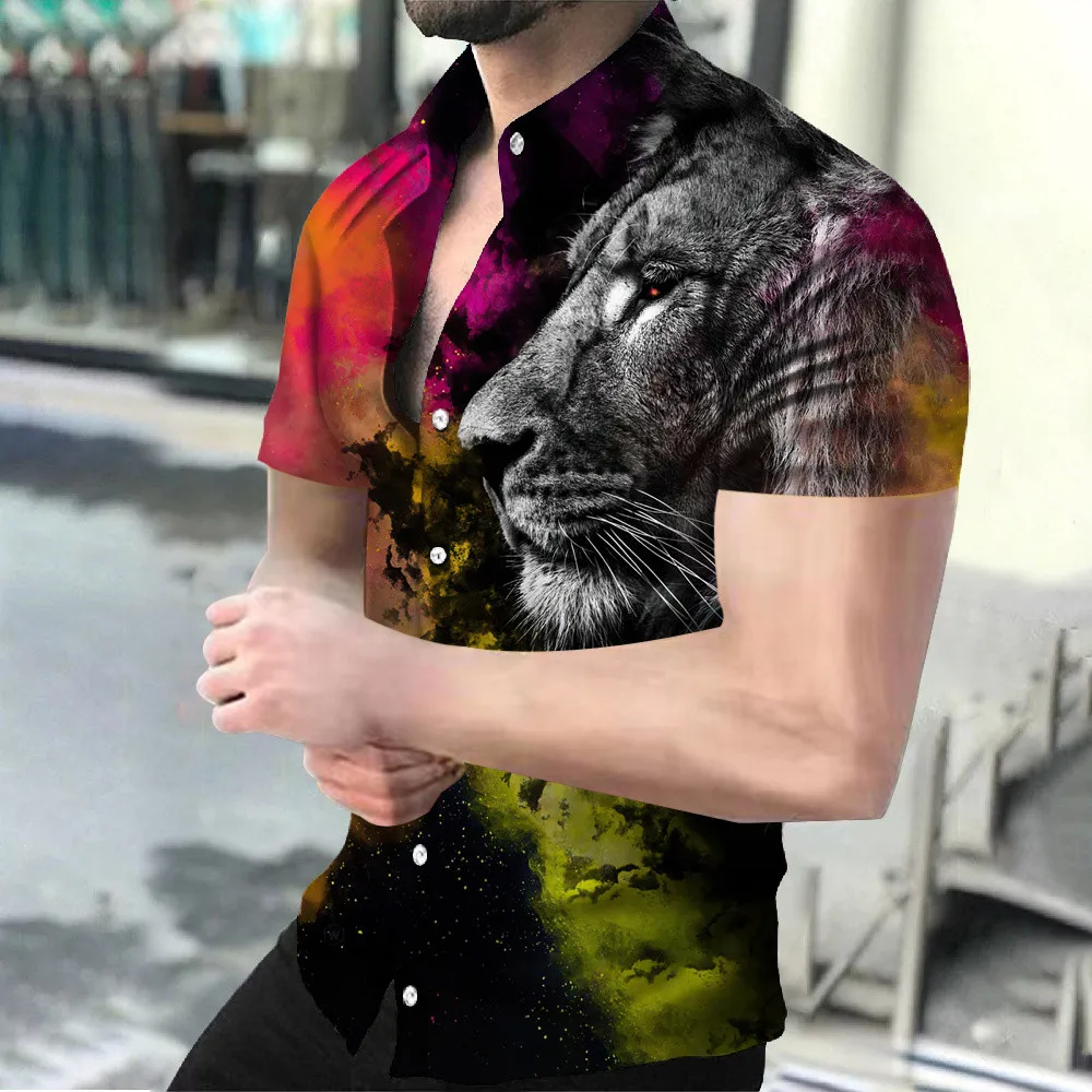 2023 Summer New Large Men's Round Neck Animal Tiger and Leopard 3D Printed Brand Shirt, Intense Fashion Trend