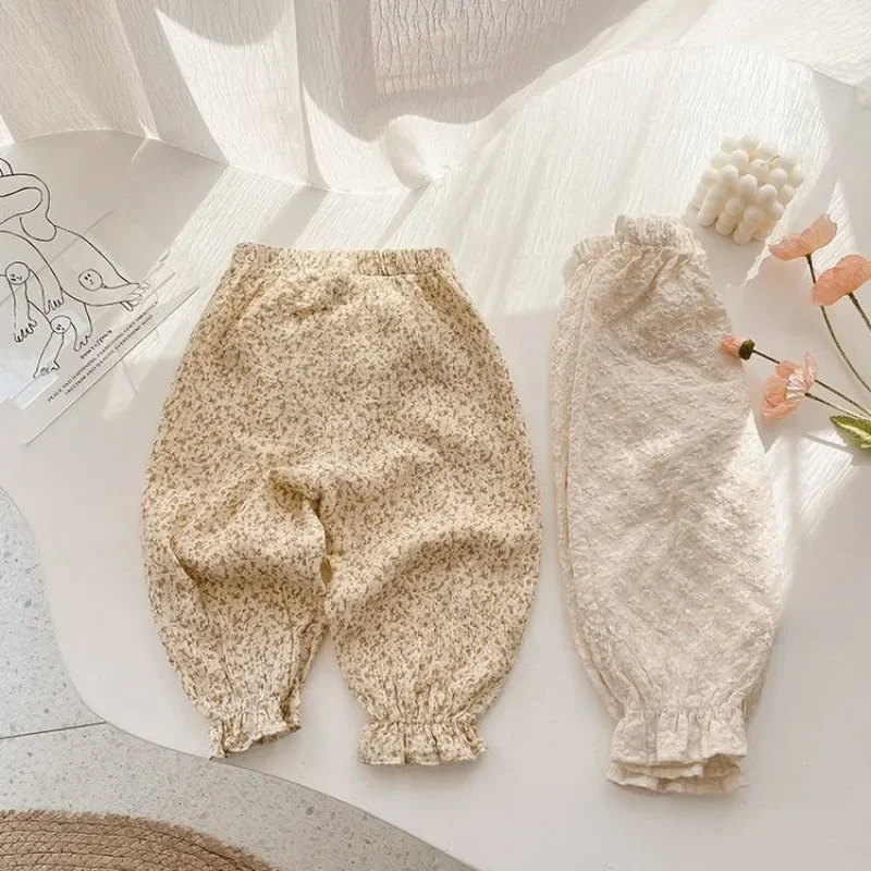 한국 꽃 녹색 순면 레이스 통기성 모기 퇴치 바지,  여아 느슨한 바지, 용수철 여름, 1-5 세