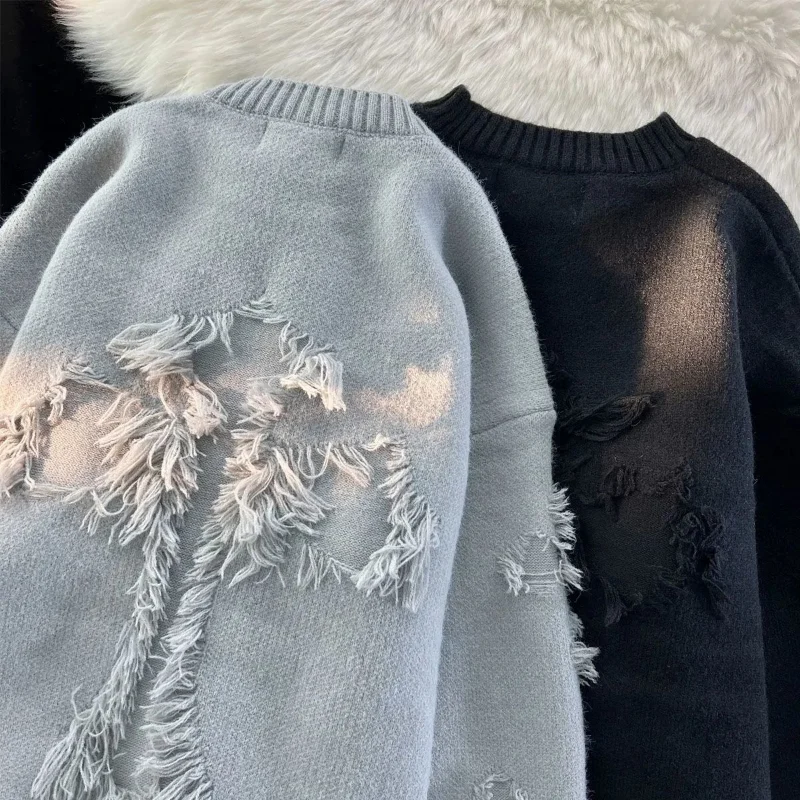 Autumn Y2K Streetwear Men New Retro Hole Fringed Sweater Loose Versatile Sweater For Men And Women Long Sleeve Sweater Pullover