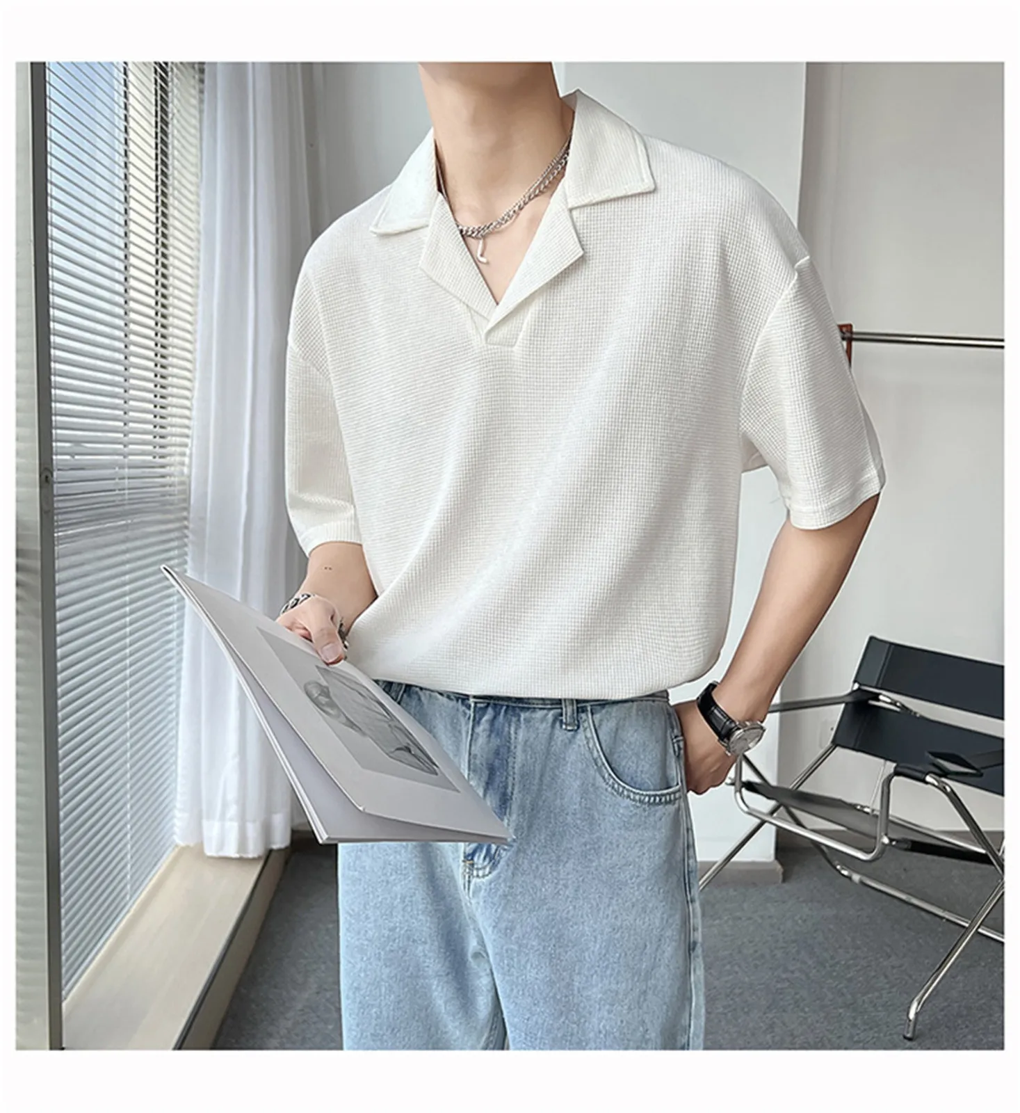 

Men's Blouse Half Sleeve Turn Down Collar Loose Shirts Business Office Work Polo Shirt Summer Korean Style Workout Casual Shirts