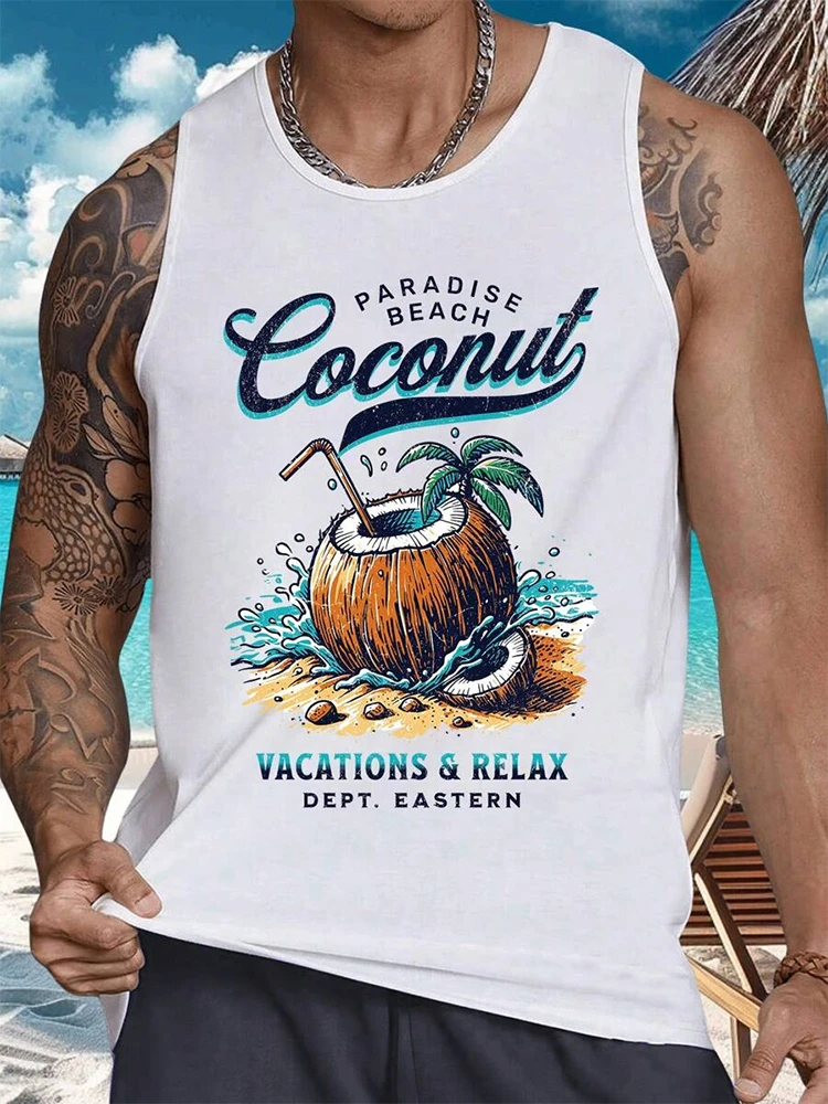 Summer Daily Men's Casualtank Top Outdoor Beach Men's Fashion Tank Top Hawaiian Men's Fashion 3D Coconut Print Sleeveless Top