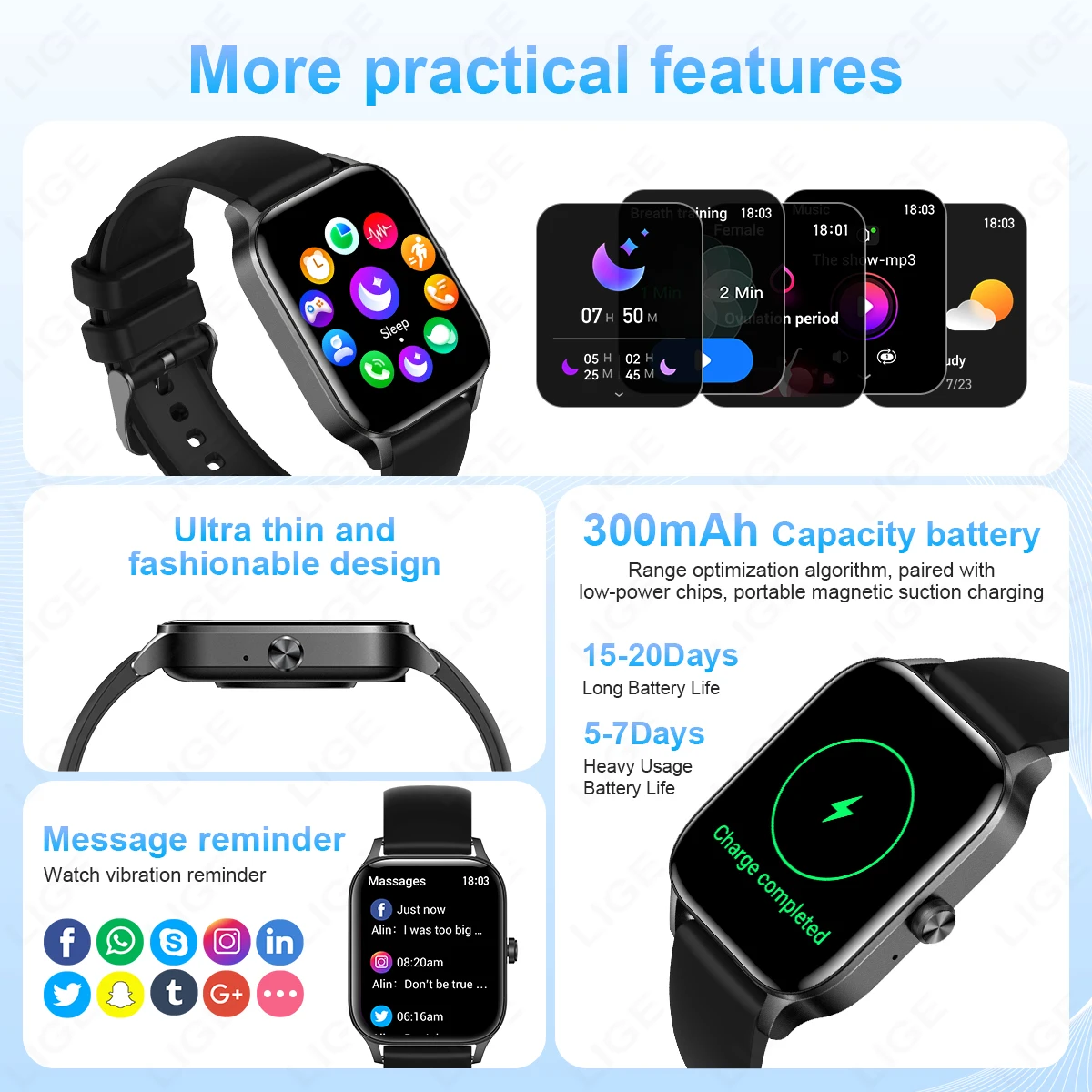 LIGE Fashion Smart Watch Women 1.85” HD Screen Custom Watch Face Women’s Health Monitor Watch Bluetooth Call Sports Smartwatches