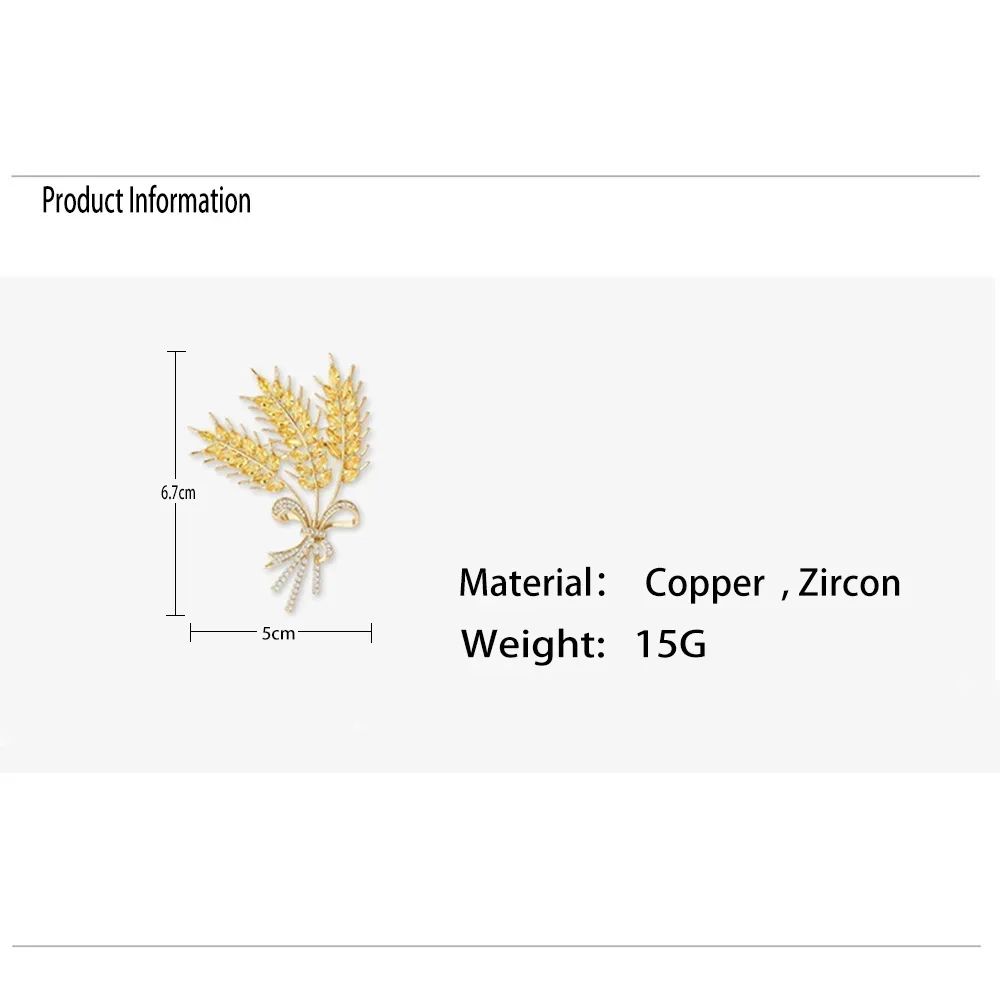 Gorgeous Barley Leaf Shiny Yellow CZ Dubai Gold Color Brooches for Women Banquet Pins Clothing Jewelry Accessories