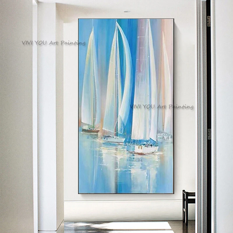 

Handpainted Large Abstract Wall Art Seascape Sailboat Big Blue Canvas Oil Painting Acrylic Heavy Texture Living Room Home Decor