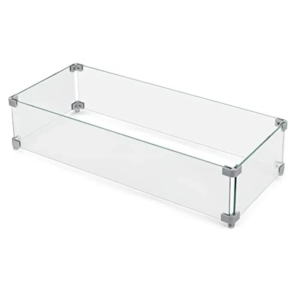 Rectangular Glass Fire Pit Wind Guard Small Outdoor Fire Pits Durable Tempered Glass with Polished Aluminum Brackets Sturdy