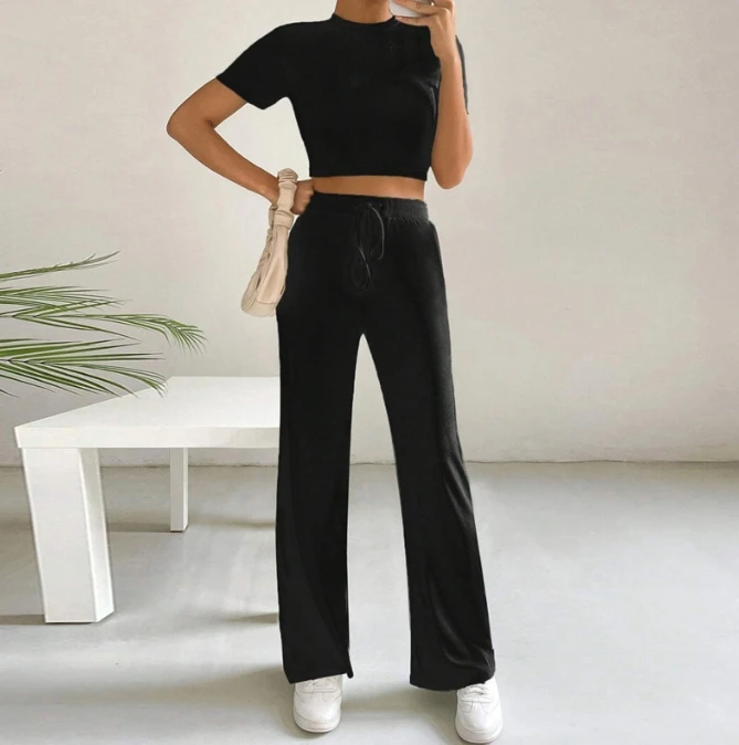Fitted Knitted Short Sleeve High Waist Wide Leg Drawstring Pants Two Piece Set 2023 New Fashion Hot Selling Women's Wear