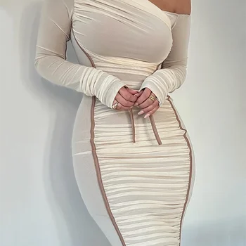 Mozision 여성용 대각선 칼라 긴 소매 미디 원피스, 2 레이어 메쉬 백리스 구김 바디콘 클럽 파티 섹시 롱 원피스