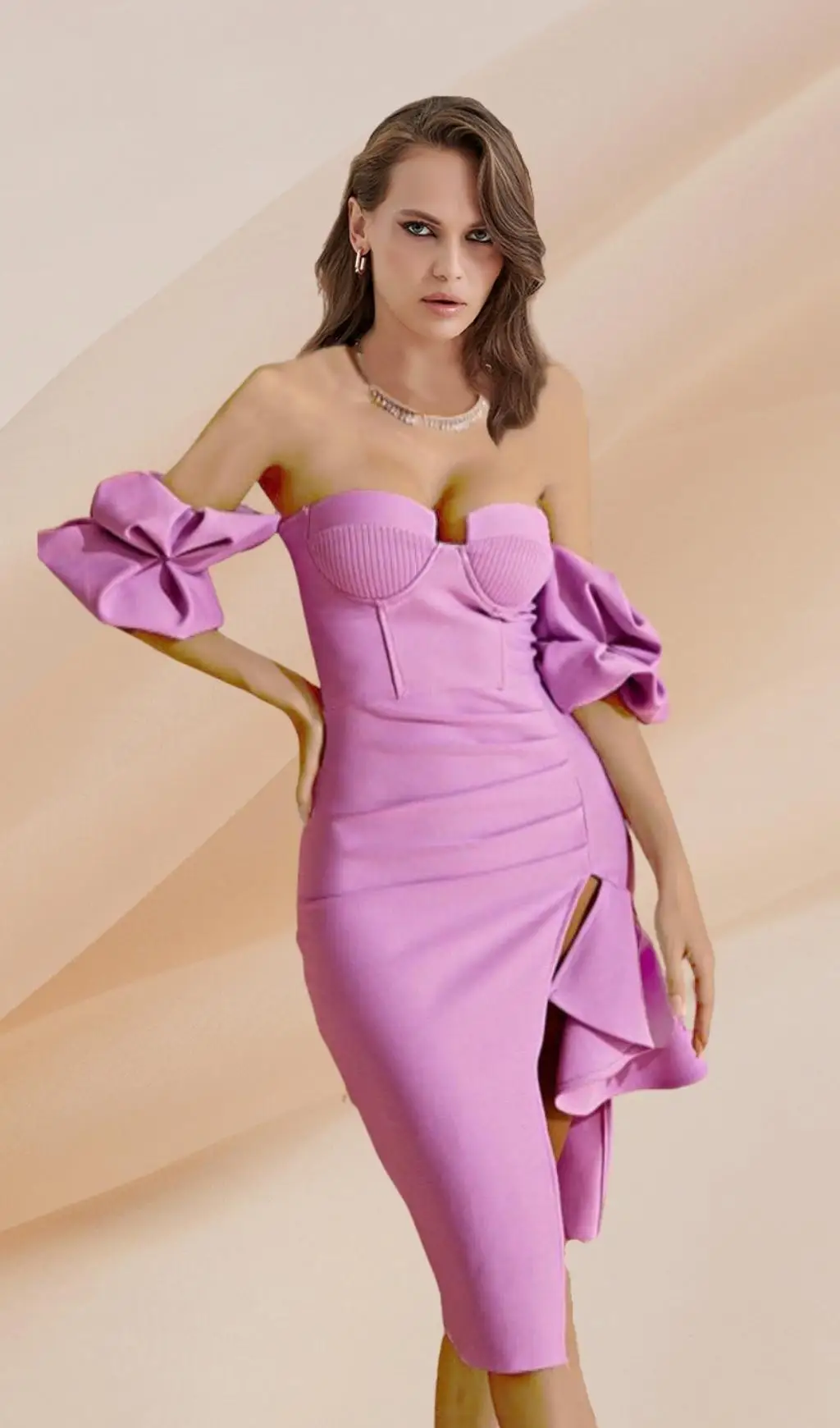 

WillBeNice Romantic Lantern Sleeve Purple Bandage Evening Dress Ruffles Elegant Birthday Bodycon Knitted Dress Dropshipping