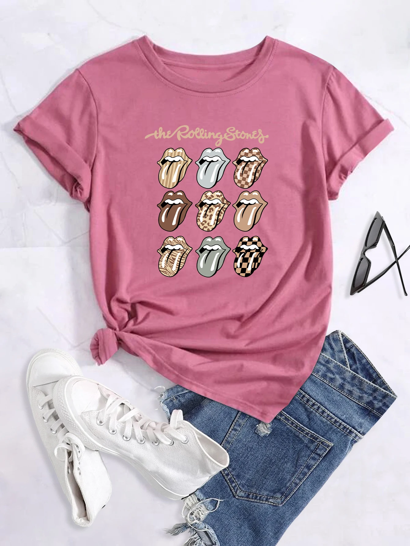 Plu Size 'The rolling tone' Tee,Print Crew Neck T-hirt,Women' Caual Looe Short Sleeve Fahion Summer T-Shirt_voghion.com