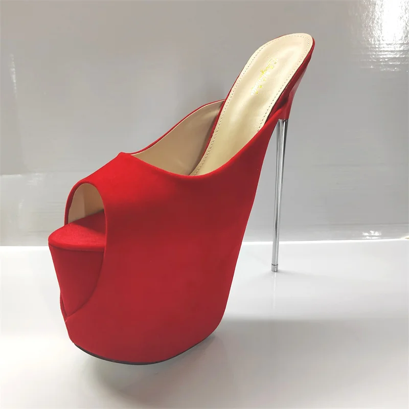 Women Summer Slippers 19cm Metal Extreme High Heels Platform Sandals Black Red Luxury Sexy Mules Strippers Party Shoes