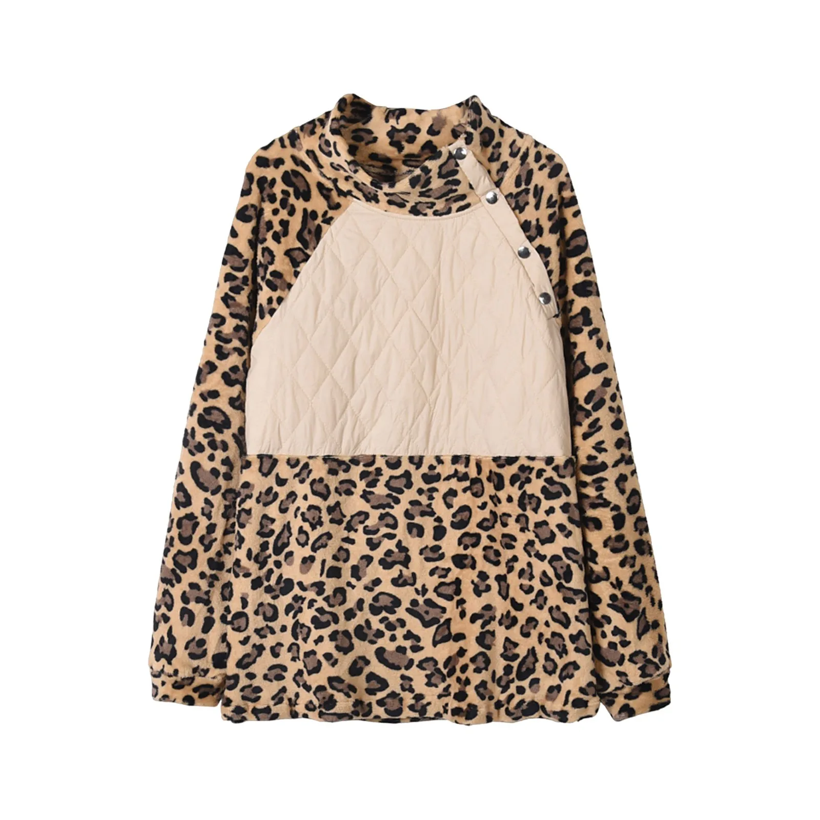 

Women Leopard Printed Fleece Jacket Winter Warm Wool Pockets Sweatshirt Stand Collar Patchwork Asymmetric Coat Fashion Outfit