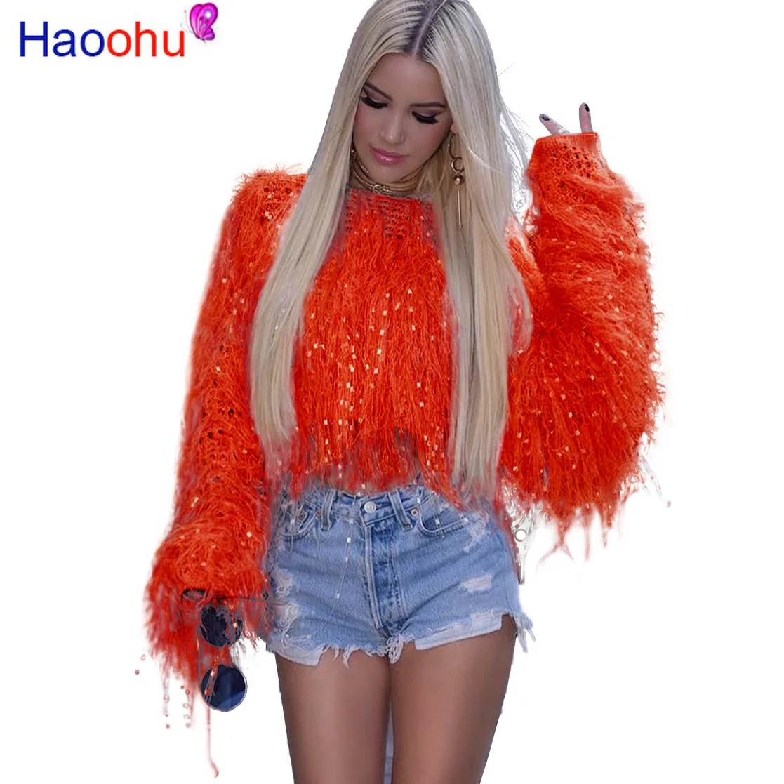 

Укороченный свитер HAOOHU, Женская осенне-зимняя одежда, мягкие топы, вязаный Мохеровый джемпер с кисточками, свободные рождественские Пуловеры и свитера