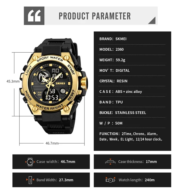 SKMEI 2360 Leisure Original Digital Mens Wristwatches LED Waterproof Sport Watch for Men Display Reloj Masculino Stopwatch Clock