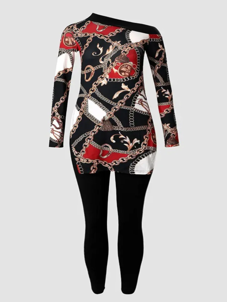 Conjunto de pantalón informal con estampado de cadena y abertura lateral para mujer, talla grande, 2025, cuello barco, manga larga, dos piezas, traje a juego