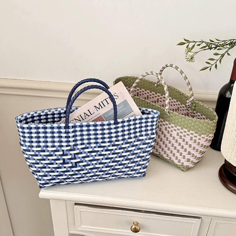 Borsa tote da donna Hylhexyr intrecciata a mano, borsa a mano con blocchi di colore, borsa a cestino per la spesa._voghion.com
