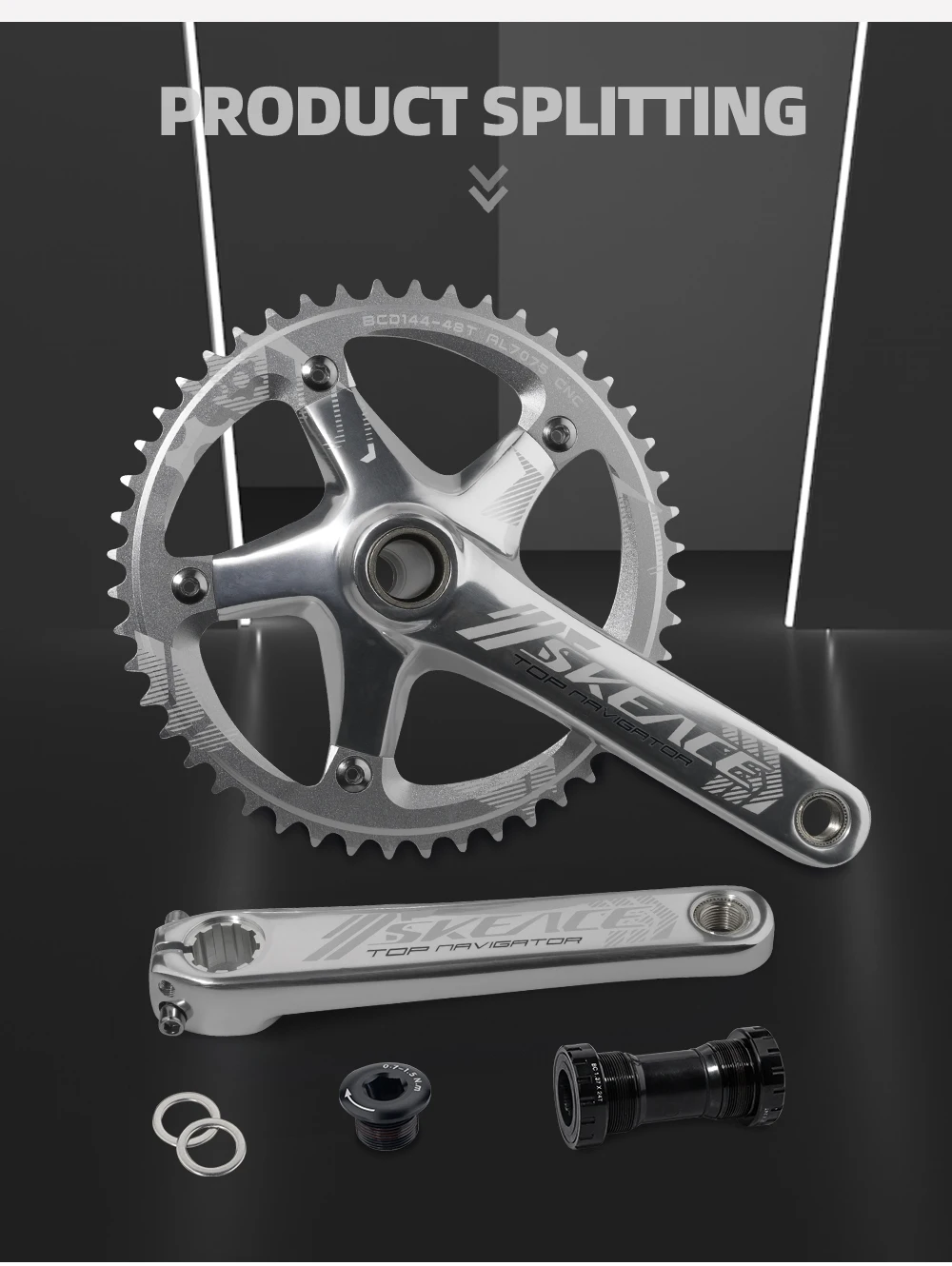 Description Picture 4 of itemSKEACE High Strength Aluminum Alloy Fixed Gear Crank 48T 3D Density Forging Integrated Crankset 144BCD BMX Racing Bicycle Part