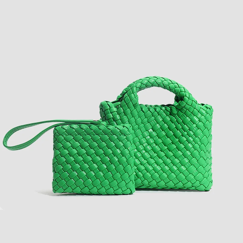 2024 Summer Green Woven Handbag Composite 2pcs Sets Women‘s Genuine Leather Casual Tote Bag Luxury Designer Shoulder Bag