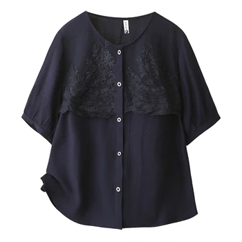 2026 Summer Plus Size Embroidery Spliced Open Blouse Round Neck Short Sleeve Elegant Daily Versatile Shirt Curvy Ladies 2620