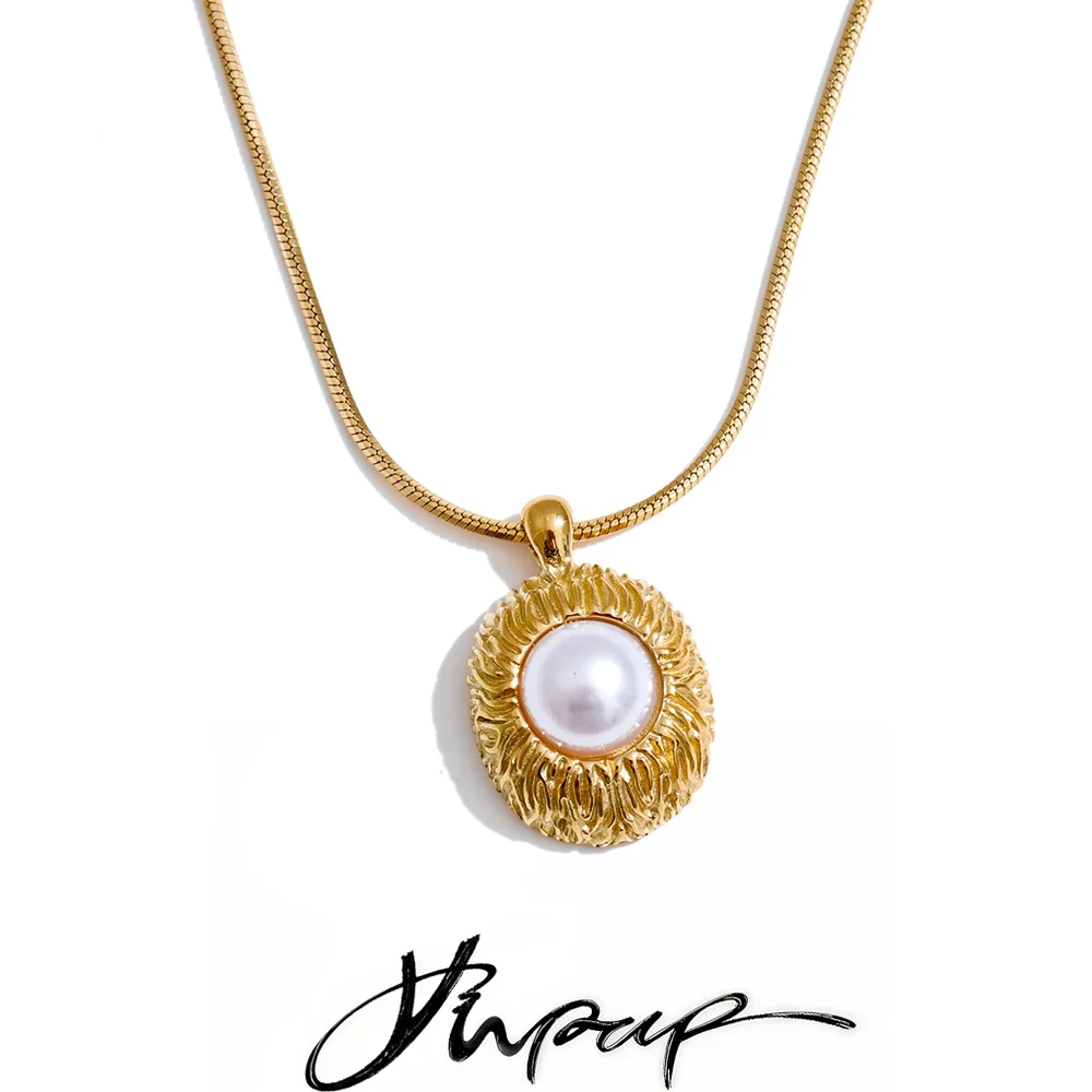 Yhpup Simulated Pearls Round Pendant Necklace Stainless Steel
