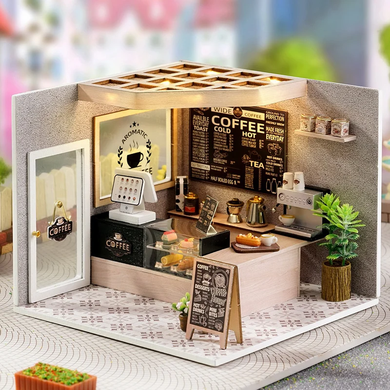 커피숍 인형 집 미니 DIY 키트, 방 모델, 장난감, 가정 및 침실 장식, 가구, 여성 제작 및 조립